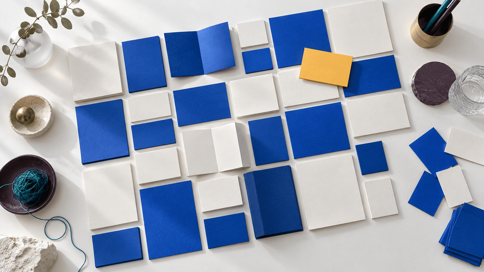 Cartes de papier bleu et blanc disposées sur une table, avec une carte or au milieu.