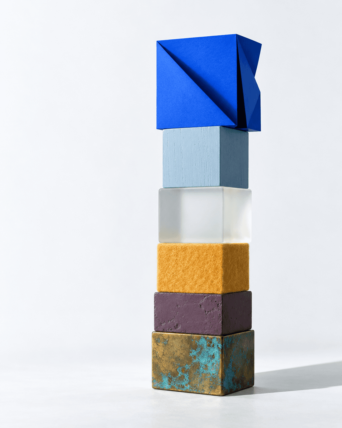 Colonne de six blocs de matières différentes, papier, bois, verre, feutre, plâtre et laiton, emboîtés avec précision.